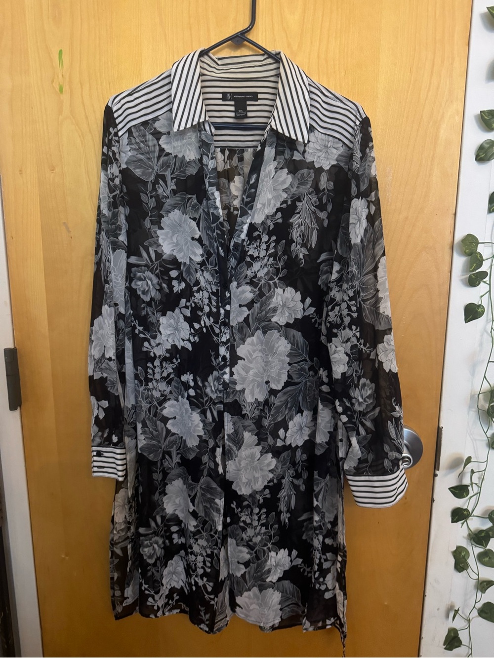 INC International Concepts Tunic Dress Shirt XXL Black Floral Stripe Sheer